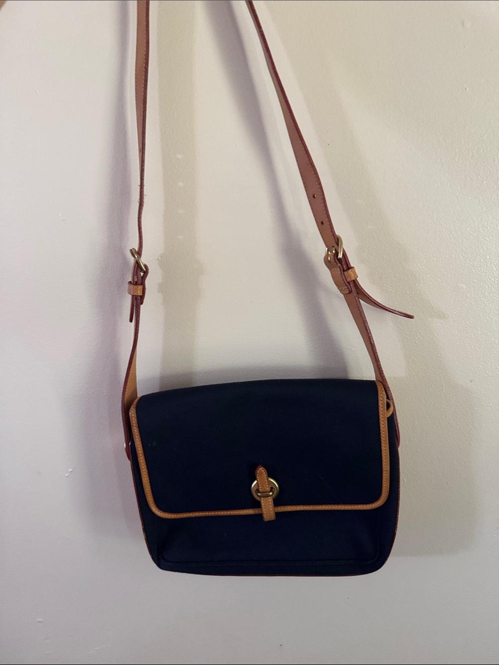 Dooney & Bourke Navy Crossbody with Tan Trim and Adjustable Strap